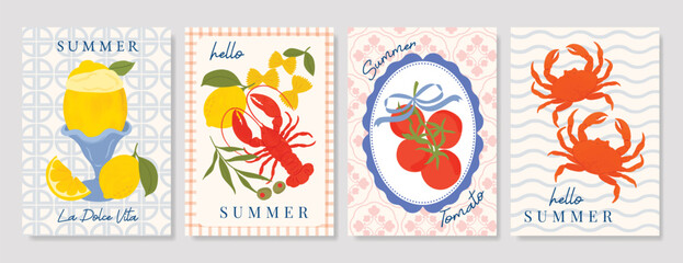 Italy summer party invitation card vector. Italian poster with lemon, leaves, lobster, wine, cheese, tomato, crab, shell in line art. Design for wedding card, greeting card, cover, poster. © babeer