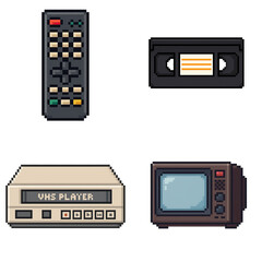 Obraz premium Retro tech items vintage television remote control vhs player vhs tape nostalgic scene with warm mood pixel art style