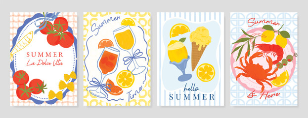 Italy summer party invitation card vector. Italian poster with lemon, leaves, lobster, wine, cheese, tomato, crab, shell in line art. Design for wedding card, greeting card, cover, poster. © babeer