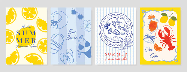 Italy summer party invitation card vector. Italian poster with lemon, leaves, lobster, wine, cheese, tomato, crab, shell in line art. Design for wedding card, greeting card, cover, poster. © babeer