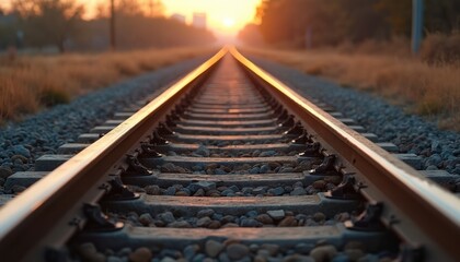 Fototapeta premium Empty train tracks lead to a distant sunset. Railroad path curves through dry grass fields. Journey begins on old rail line towards horizon.