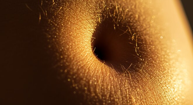 Close up of human belly button with golden light shining on skin pores and hairs