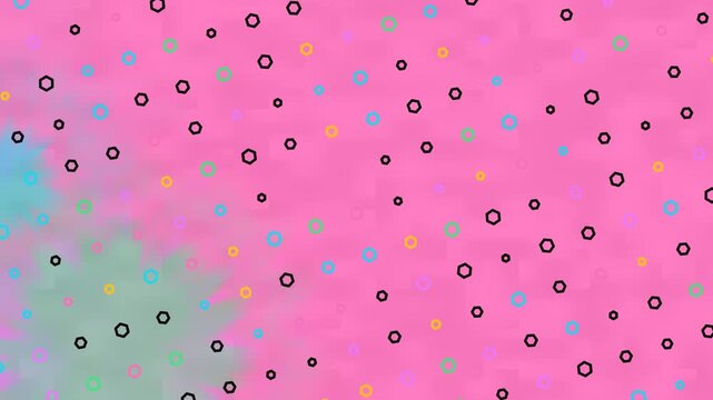 Abstract pink background with scattered black and colorful hexagonal shapes. Blurry color bursts
