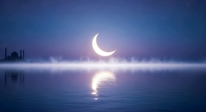 A crescent moon and bright stars illuminate a dark blue night sky filled with soft clouds reflecting ethereal moonlight over a vast abstract sea