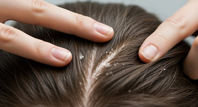 dandruff on scalp with hand checking flakes