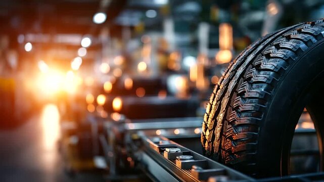 Close-up of tire on manufacturing line showcasing detailed tread patterns, defocused industrial background with warm sunset light, production process, with copy space