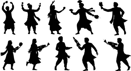 Obraz premium Silhouettes of people in traditional Indian clothing celebrating Holi festival with colors and water guns on white background
