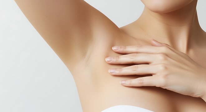 Woman touching smooth underarm skin care routine