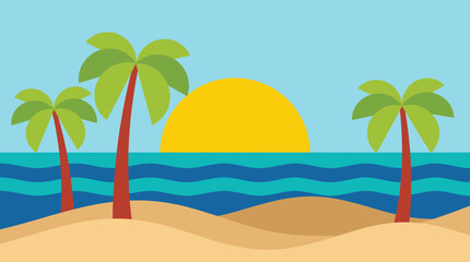 Fototapeta premium Tropical summer beach sunset vector illustration with palm trees, ocean waves, golden sun, and sandy shore for vacation background