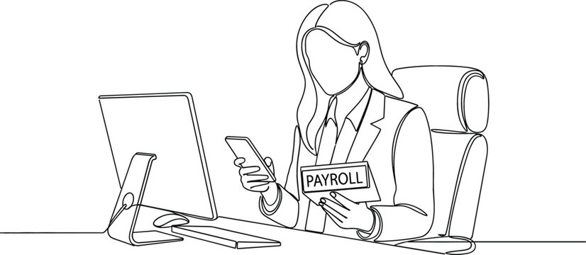 Continuous one line drawing of a businesswoman managing payroll at her office desk with a computer