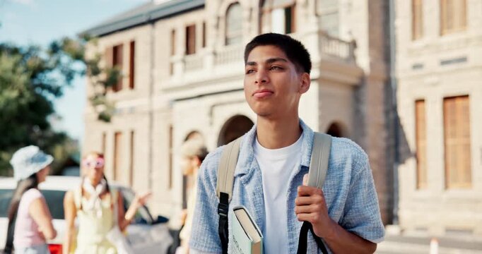 Walking, student and thinking with man outdoor for college opportunity, future and knowledge. University scholarship, vision and academy or school with person on campus for study and learning