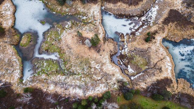 Aerial view of frozen marsh ponds in early winter, Thunder Bay