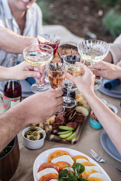 Friends raising glasses toasting at outdoor celebration dinner