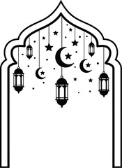 Fototapeta premium Islamic ramadan archway with hanging lanterns moons and stars decoration