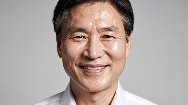 A close-up studio portrait shows a smiling Asian man in a white shirt, gray background