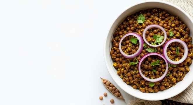 Ethiopian Azifa Green Lentil Salad with Left Copy Space and Fresh Onion Garnish