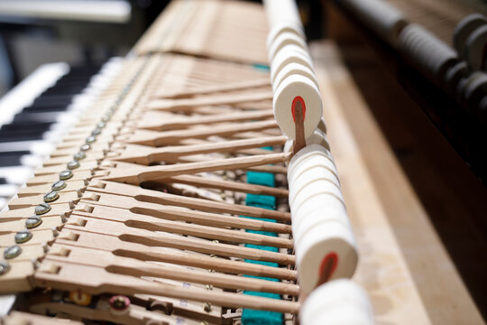 Close up of piano action hammers and mechanism