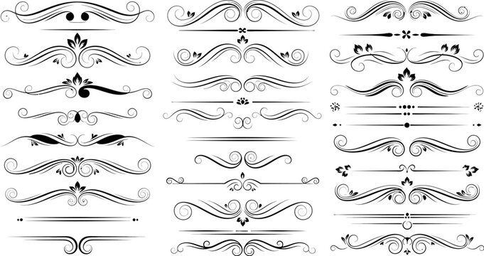 set of black and white vintage swirling ornate design elements and lines