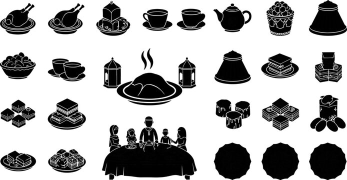 Black and white illustrations of Ramadan Kareem food and family icons