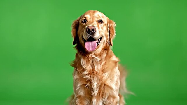 A happy golden retriever dog with its tongue out, presented in a dancing celebration pose on a meme green screen background. Perfect for memes, social media posts, and greeting cards.