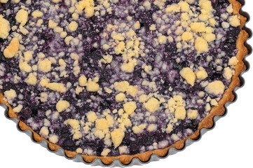 Baked blueberry tart with crumble topping, sweet cake close-up