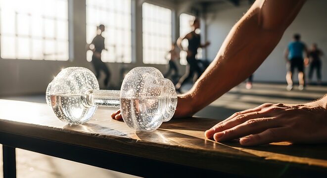 Close-up of a person's arm resting on a wooden bench with transparent glass dumbbells in a gym with people exercising in the background and natural light.