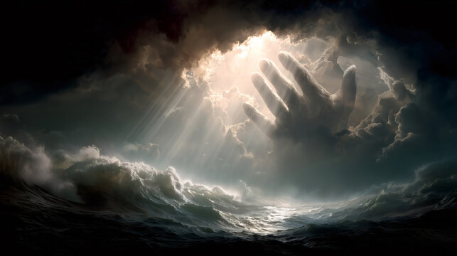 Divine hand reaching from heavenly clouds above stormy sea with dramatic light rays, concept of divine intervention and spiritual salvation