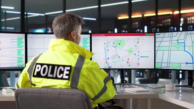 Police Monitoring Center With Officer At Desk