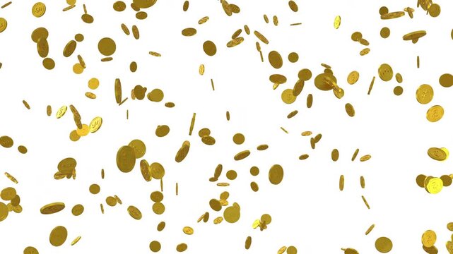 Falling gold coins on isolated white background, 3D rendering money rain, financial success and wealth concept
