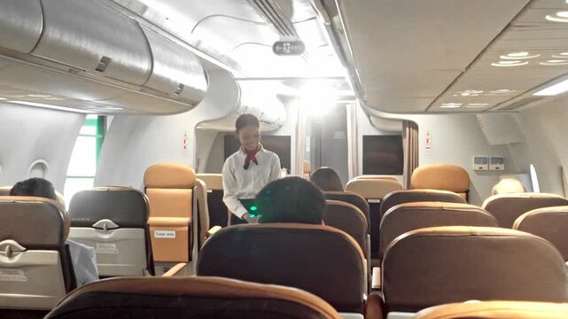 Airplane cabin interior with a flight attendant assisting seated passengers; rows of tan seats, overhead bins, and aisle lighting visible during flight.
