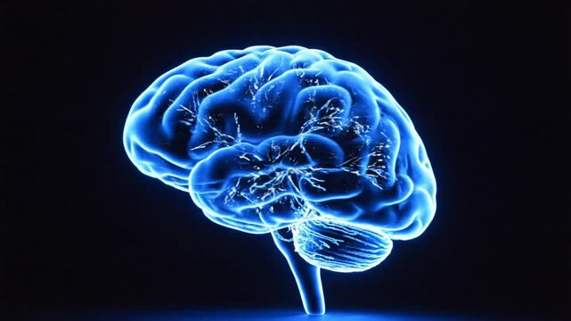 Glowing Blue Brain with Neural Activity Against a Black Background, Conceptual Visualization of Cognitive Processes