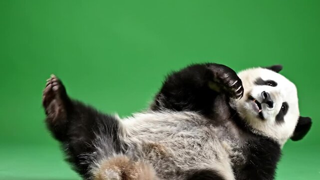 A giant panda lying on its back in a dancing celebration pose against a meme green screen background. Perfect for memes, social media posts, and funny videos.