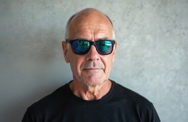 Fototapeta premium Elderly man with grey hair wears black t-shirt, modern sunglasses. He poses for portrait against textured grey wall. His expression is neutral, contemplative. This shot works for lifestyle or fashion.