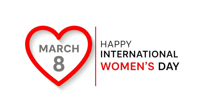 International Women's Day greeting card with heart shape and March 8 date on white background