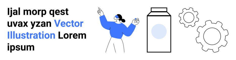 Design, creativity, teamwork, innovation, development, and packaging. Person gesturing towards a packaging box and cogwheels. Design and creativity concepts for teamwork and innovation © robu_s