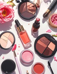 Elegant Makeup Collection with Rose Accents for Beauty and Cosmetics.