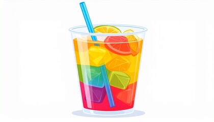 Fototapeta premium Vibrant and refreshing rainbow-layered beverage with colorful ice cubes and fresh citrus slices, symbolizing unity and celebration