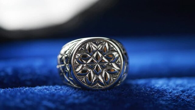 Detailed close-up of a silver signet ring with an intricate design resting on blue velvet