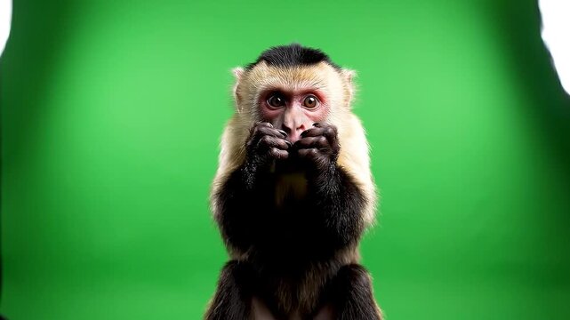 A capuchin monkey dancing in celebration on a green screen background. Perfect for memes, dancing celebrations, and green screen videos.