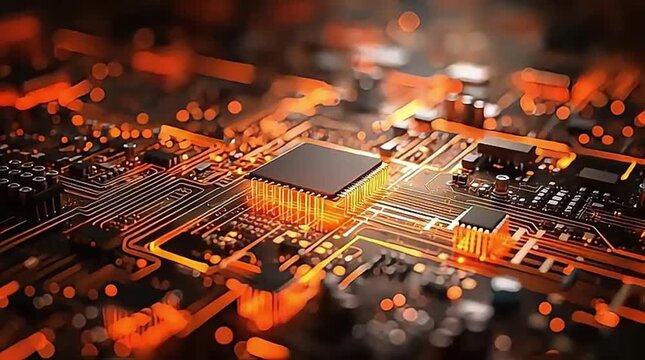 Close-up of glowing orange circuit board with powerful central microchip
