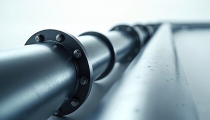 Fototapeta premium Metal pipes in a row recede into distance. Flanges with bolts connect sections of industrial conduits. Smooth surfaces reflect light, suggesting advanced engineering.
