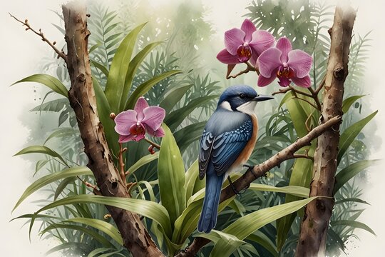Xenops nestled among epiphytes and orchids on a tree