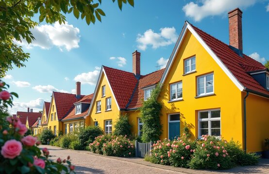 Row of bright yellow houses with red roofs line a brick path. Rich green bushes and pink roses bloom in front of the charming danish village homes. Blue sky with white clouds overhead.