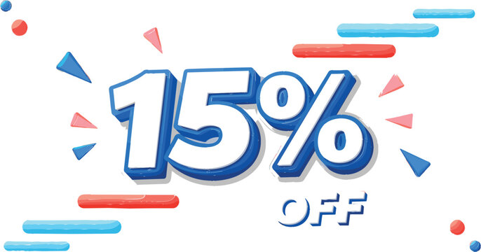 Modern 3D 15 percent off discount text in blue and white with dynamic motion lines, promotional sale sticker for e-commerce and retail marketing campaigns