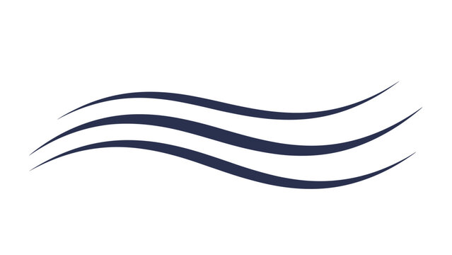 Three dark blue wavy lines represent abstract wind, water currents, or air flow for clean and simple graphic design elements.