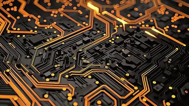 Complex glowing orange pathways on a dark electronic circuit board.