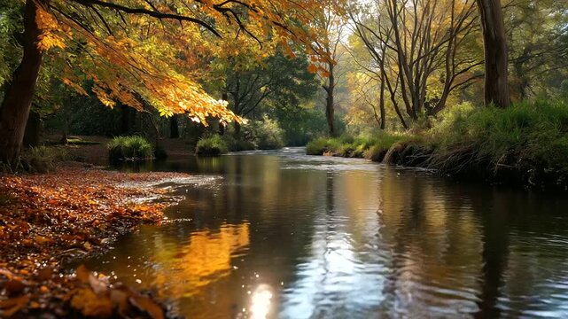 Serene stream reflecting autumn leaves creating peaceful scene, nature's beauty and tranquility, forested environment, seasonal water photography, with copy space