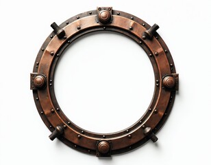 Naklejka premium Round metal porthole window with rivets and bolts. Nautical ship design, industrial frame, maritime steampunk decor element. Circular opening for ocean view.