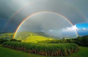 Fototapeta premium Double rainbow arcs over green Azores landscape. Lush fields meet distant ocean. Cloudy sky breaks revealing sunny blue patches. Idyllic nature scene.