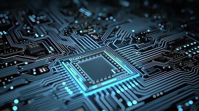 Central Processing Unit on Glowing Blue Circuit Board for Digital Data Transfer